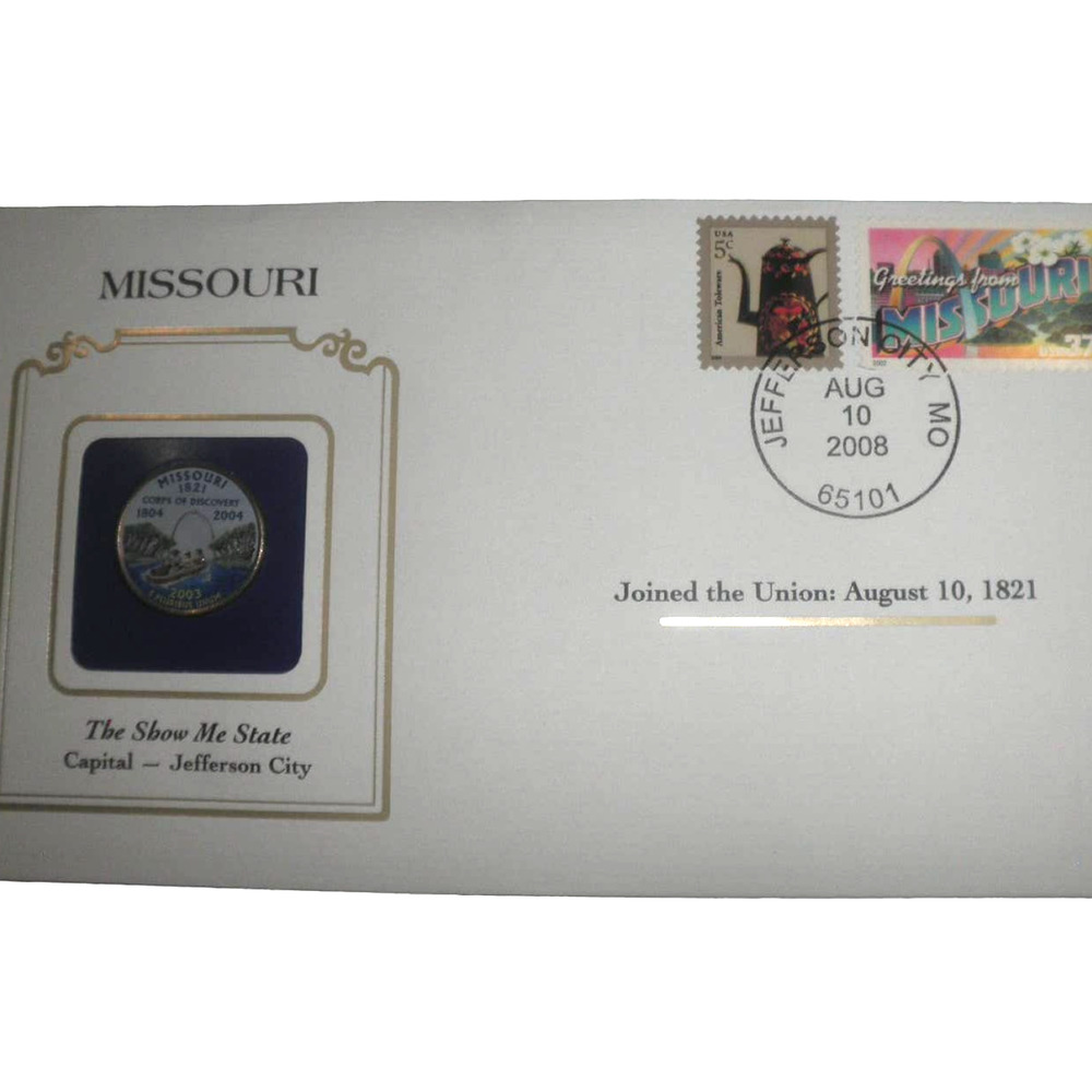 MISSOURI COLORIZED QUARTER & FIRST DAY COVER BY POSTAL COMMEMORATIVE SOCIETY